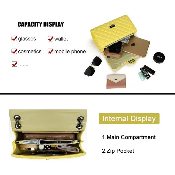 Women Yellow-i PU Quilted Stylish Crossbody Bag with Chain Strap & Flap Closure - Picture 3 of 6